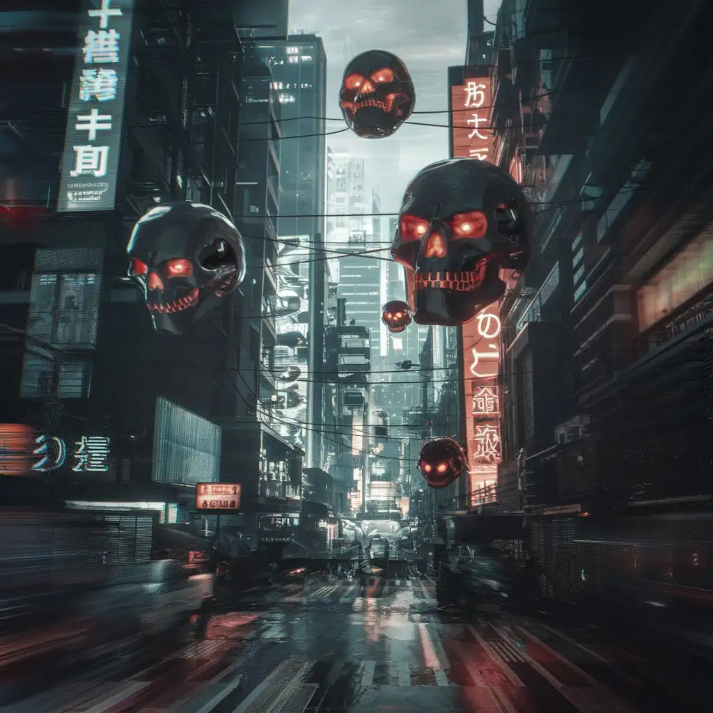 electronic music album cover featured scary robotic skull spheres flying over cyberpunk streets searching for hiding survivors, A full-length hyper-realistic photo, dark, futuristic, disturbing, unnerving image, highly detailed, low sharpening, filmic effects, neon glowing, evil, sinister photo