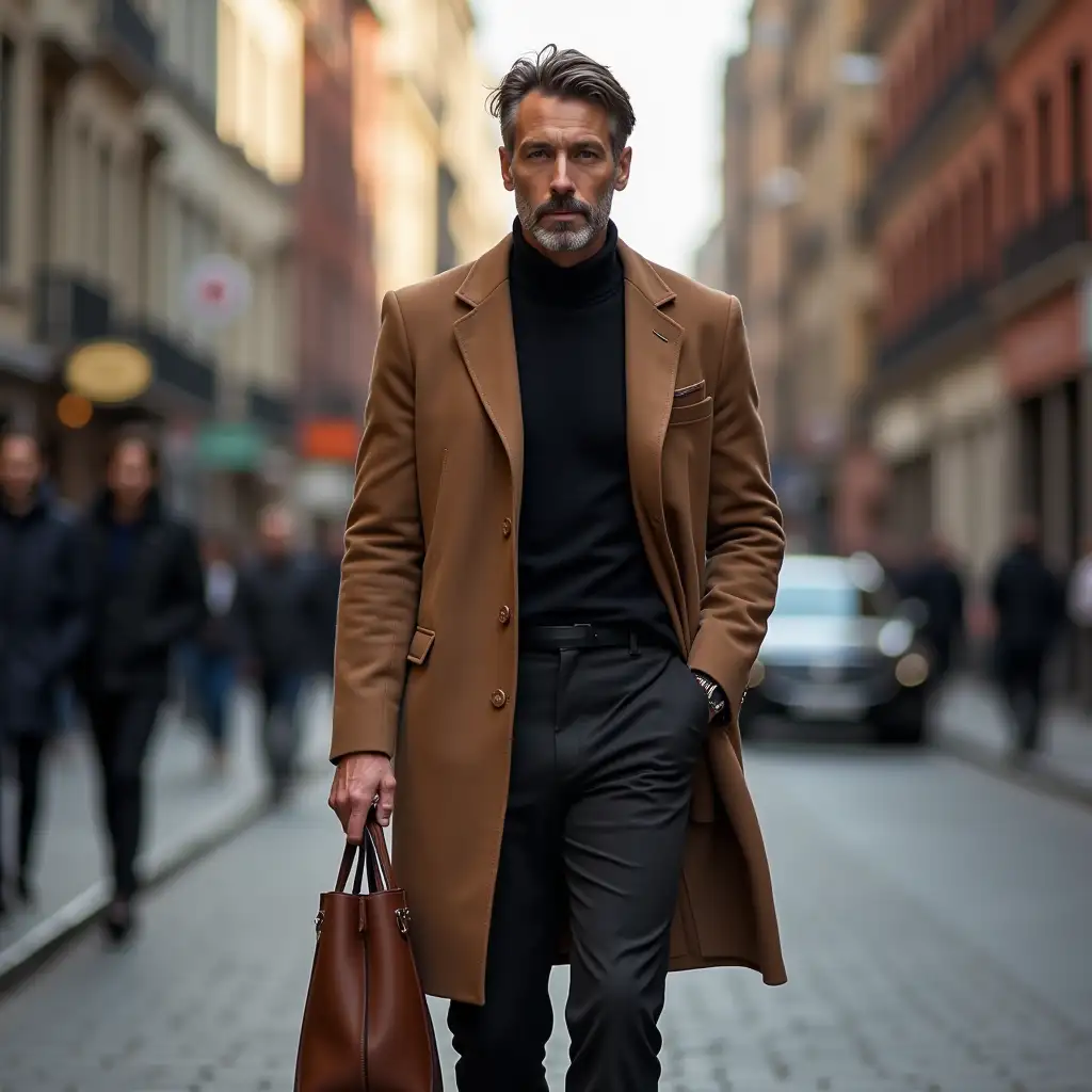 A confident man in his late 2s walks through a vibrant city street. He wears a sleek, earth-toned coat, a black turtleneck, and tailored recycled-fabric trousers, carrying a sustainable designer bag.