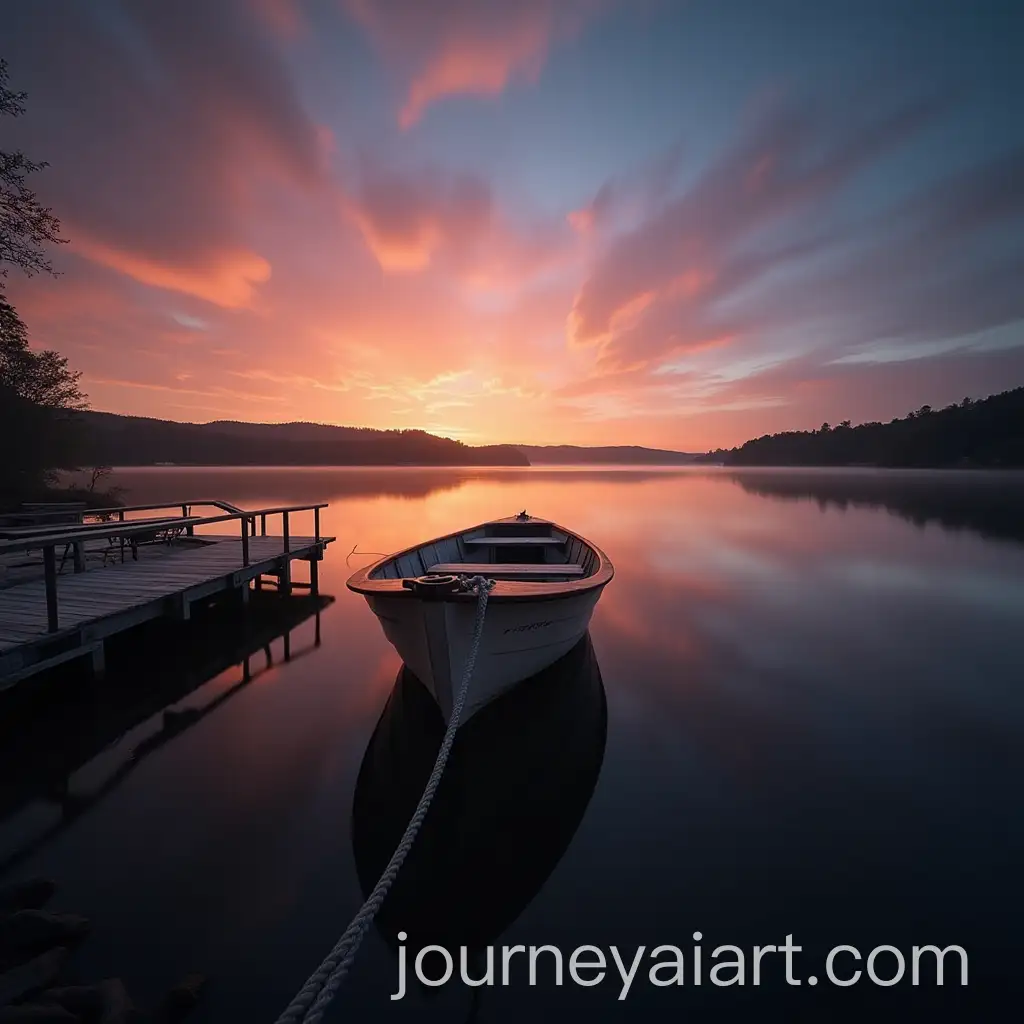 Boat-Tied-to-Dock-at-Sunset-on-a-Lake-with-Long-Exposure