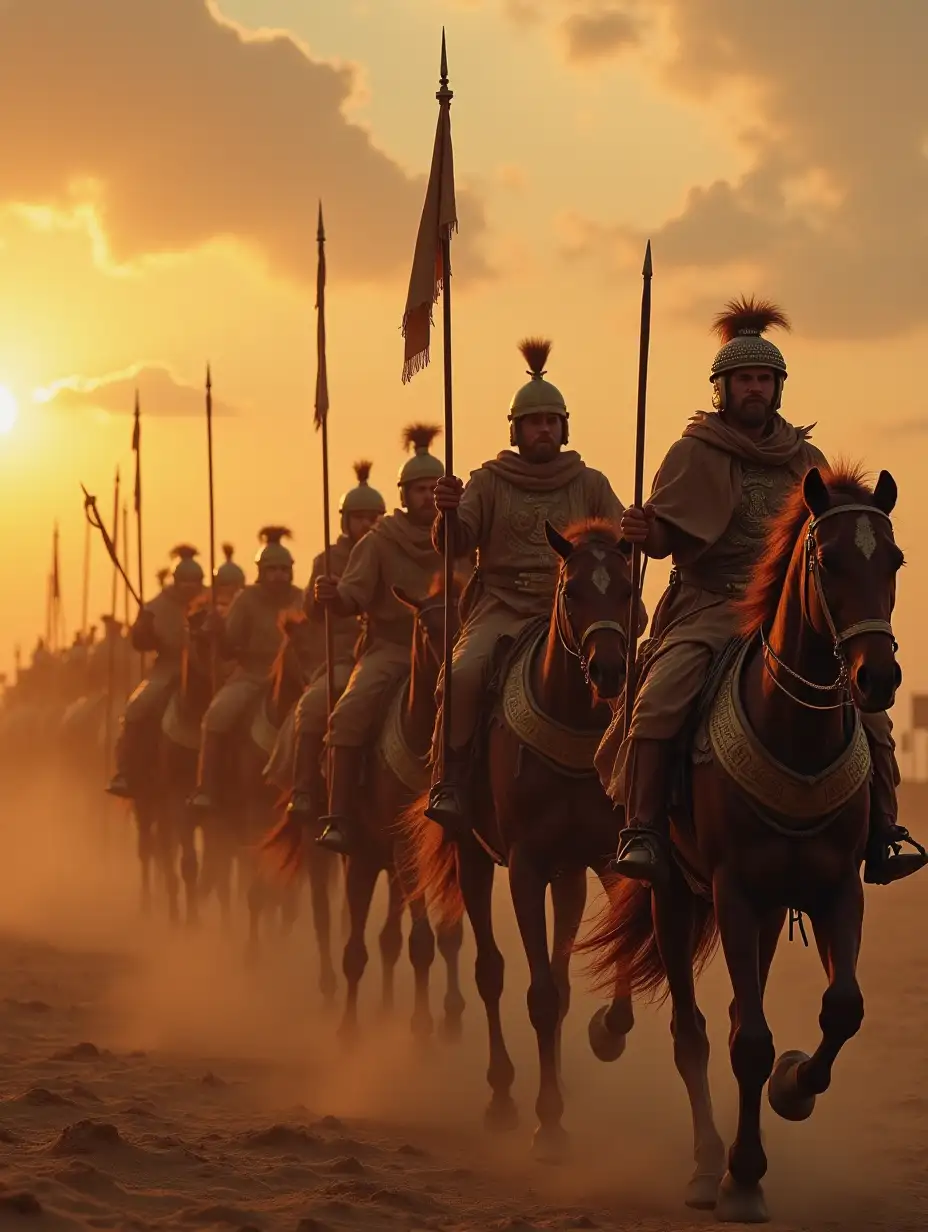 Ancient army riding chariots headed for war