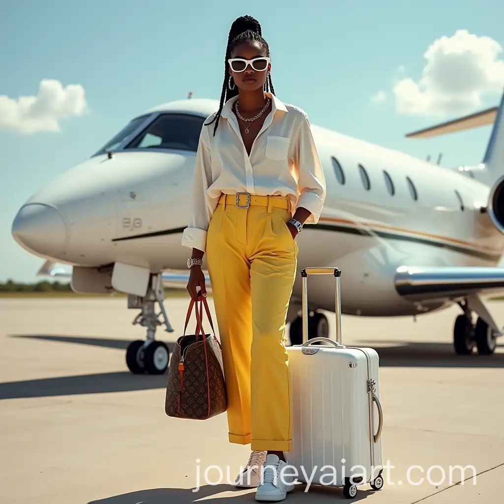 Luxury-Lifestyle-South-African-Woman-in-Louis-Vuitton-and-Gucci-at-Private-Jet-Airstrip