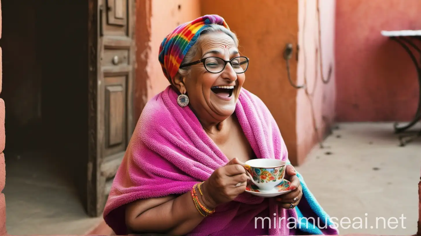 Happy Punjabi Mature Woman with Spectacles and Tea Cup on Terrace