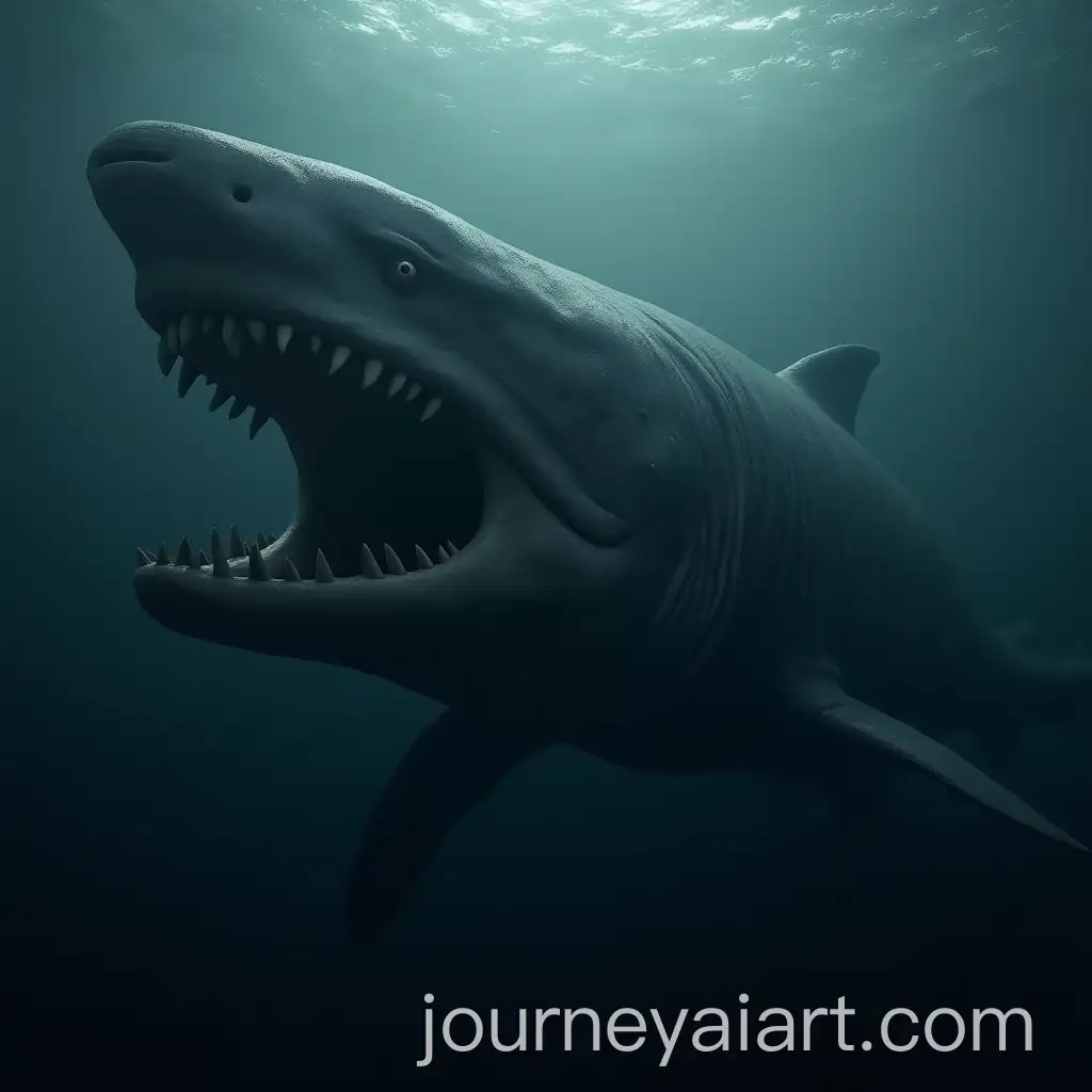 Colossal-Otodus-Megalodon-Swimming-in-Murky-PrehistoricAI-Image-Prompt-Expansion-Ocean-with-Massive-Jaws-and-Serrated-Teeth