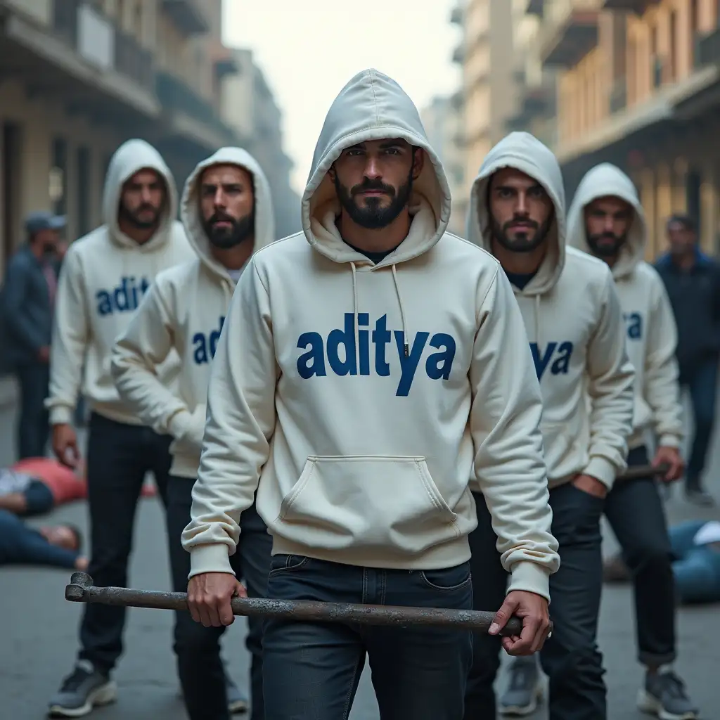 A group of 5 men in a frontal line looking straight ahead with a closedxpression, with a white hoodie sweater with aditya  written in blue and with a hood on their head, each one using a thick iron bar in their hand in a street scene with men lying on the ground injured.