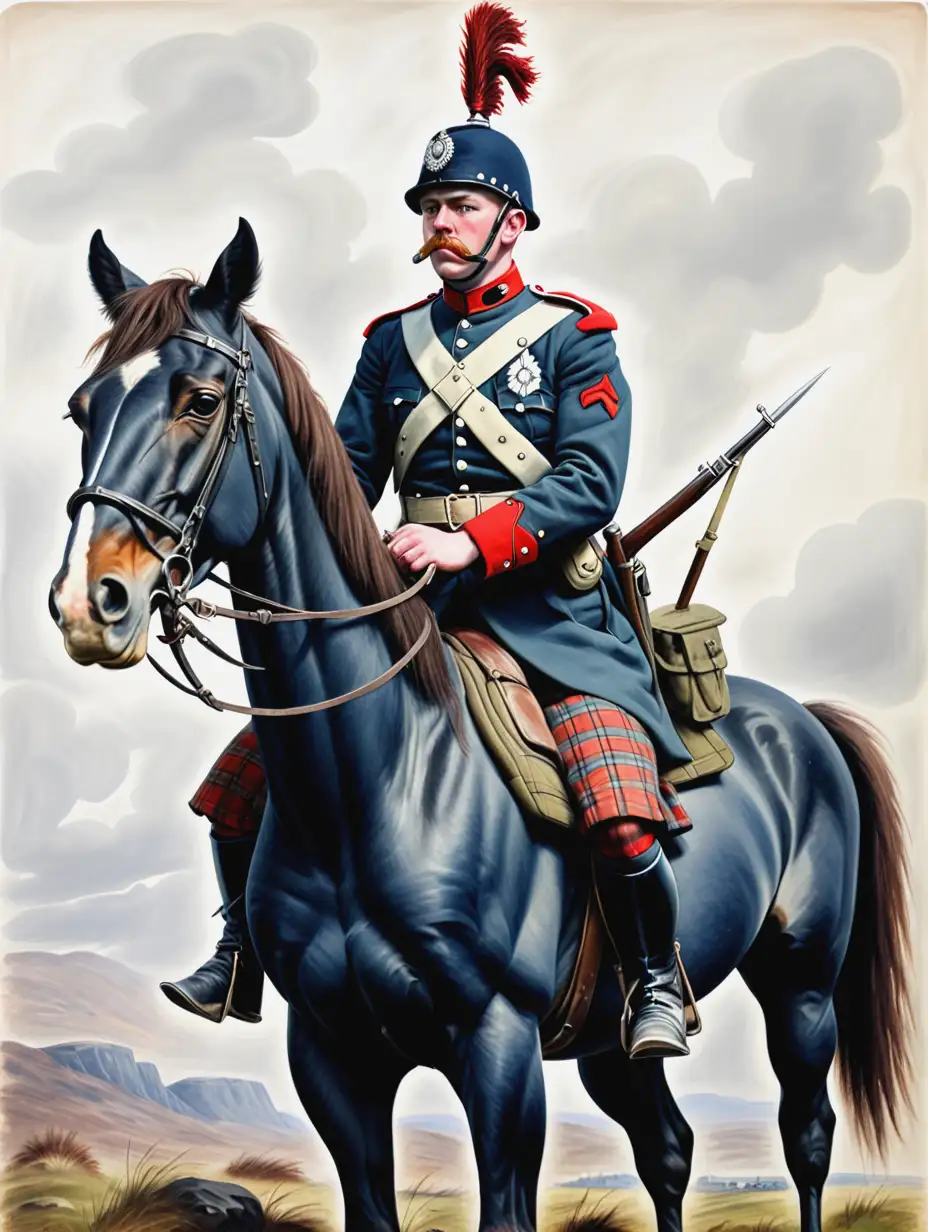 Vintage Oil Painting of Scottish Regiment Soldier on Horse