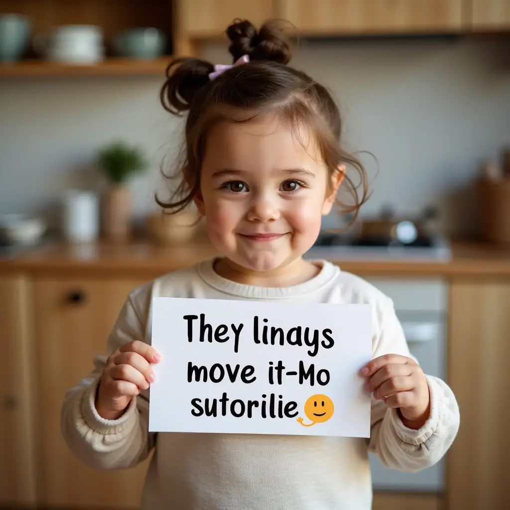 friendly looking toddler in the kitchen, holding a useless motivational slogan in her hands