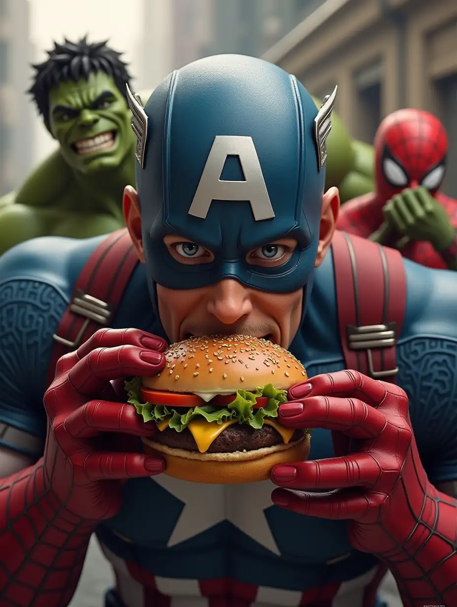 Superheroes-Eating-Hamburgers-Captain-America-Hulk-and-SpiderMan