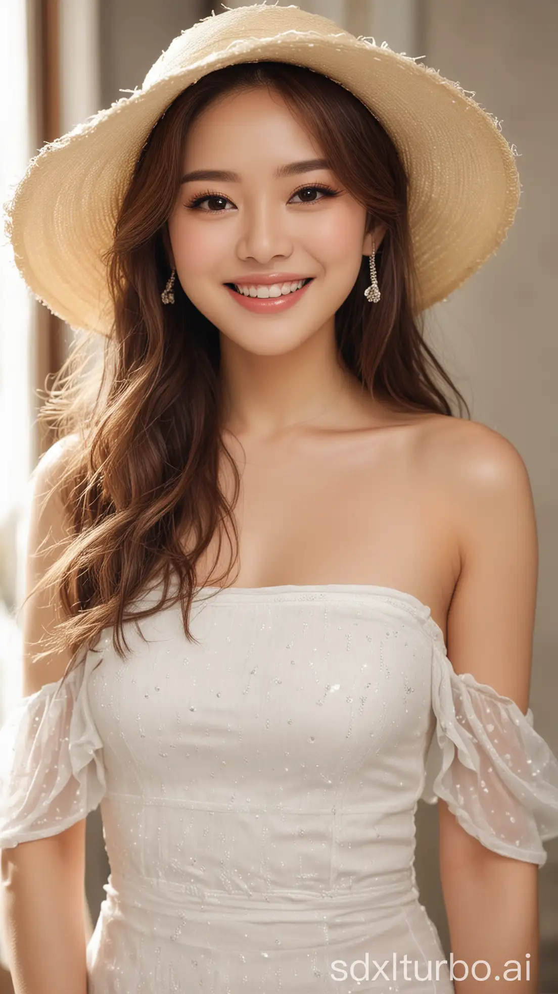 Chinese-Woman-with-Brown-Hair-in-White-Dress-and-Hat-on-Overseas-Tour