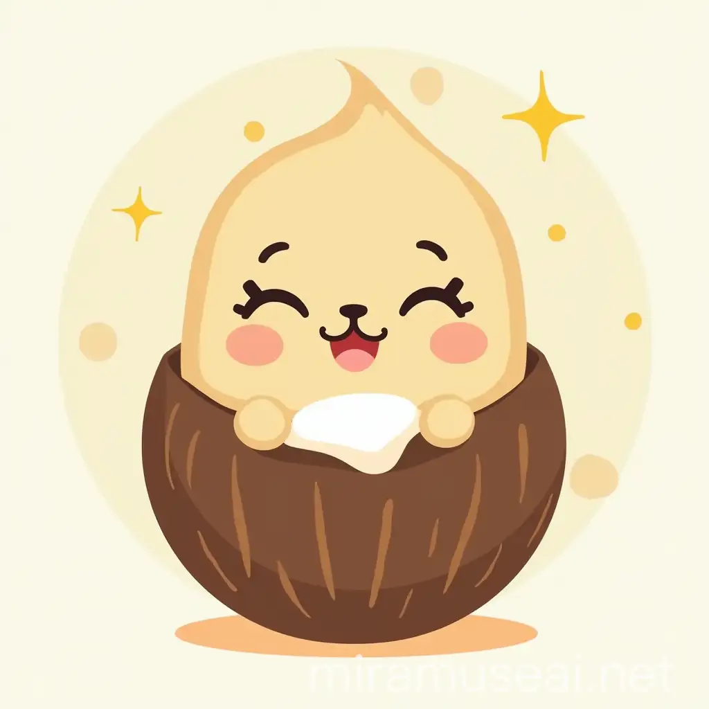 try making a mascot in the form of a coconut holding soap as the mascot for an organic soap product. Try to make the image look cute and adorable and also related to the theme of cleanliness and twinkling. for reference, you can look at the picture I have provided, but don't use hair on the coconut, so only the coconut is round, but it is as adorable as the picture I have provided