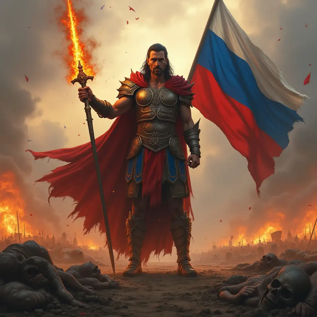 divine Mars stands on the battlefield, strewn with corpses and holds in one hand a burning sword, in the other hand the flag of Russia