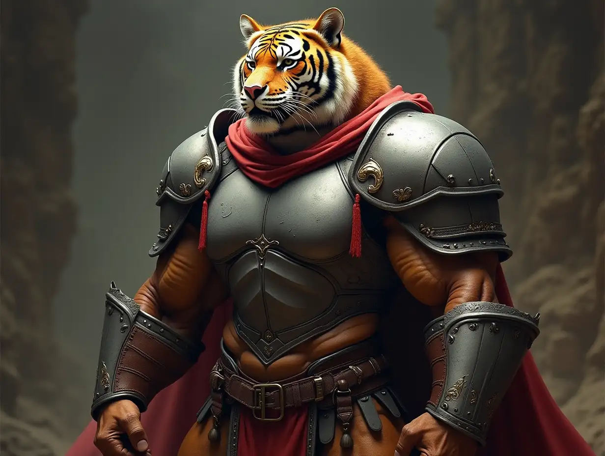 Animalhybrid bodybuilder with knight's armor and Tiger head