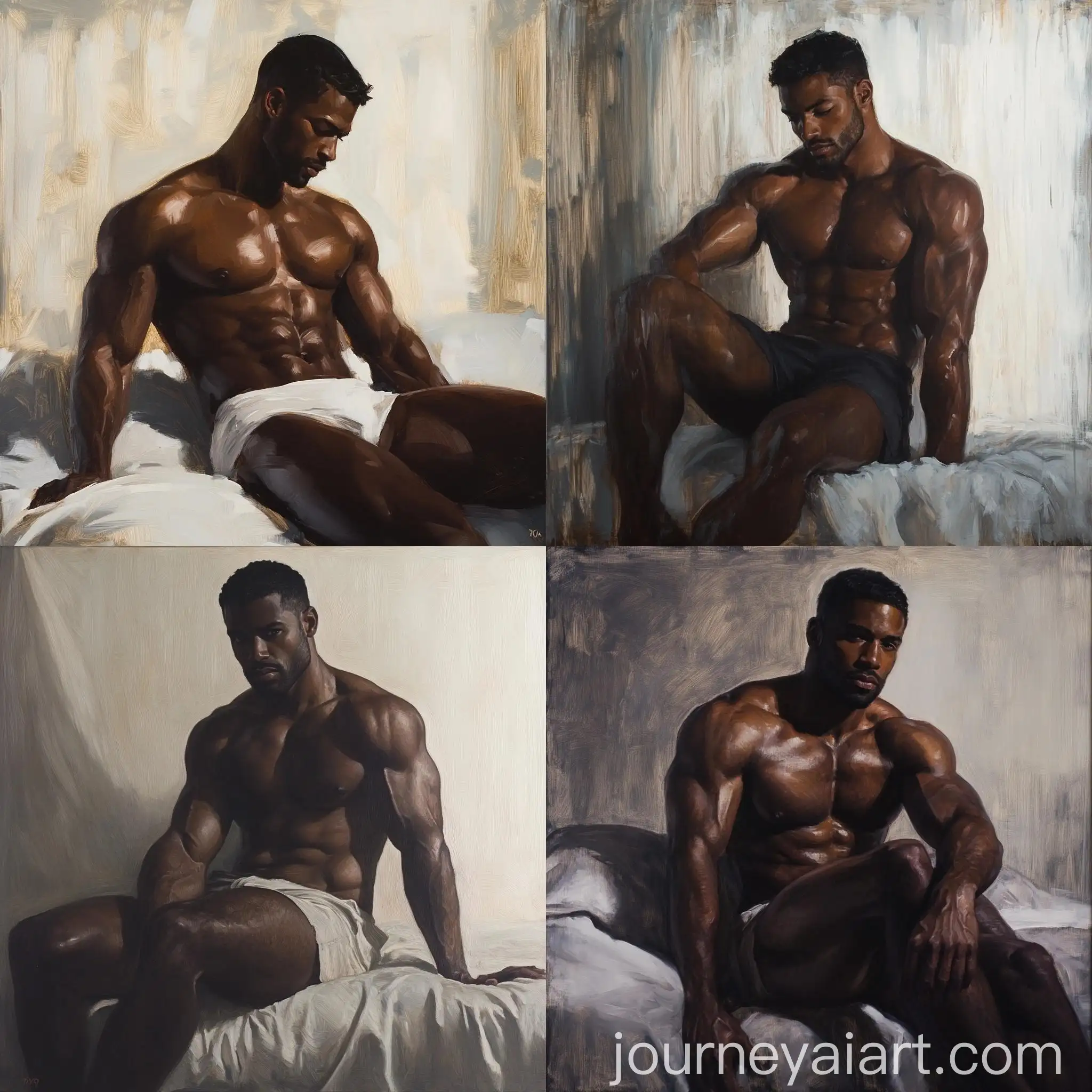 Muscular-DarkSkinned-Man-Sitting-Shirtless-on-Bed