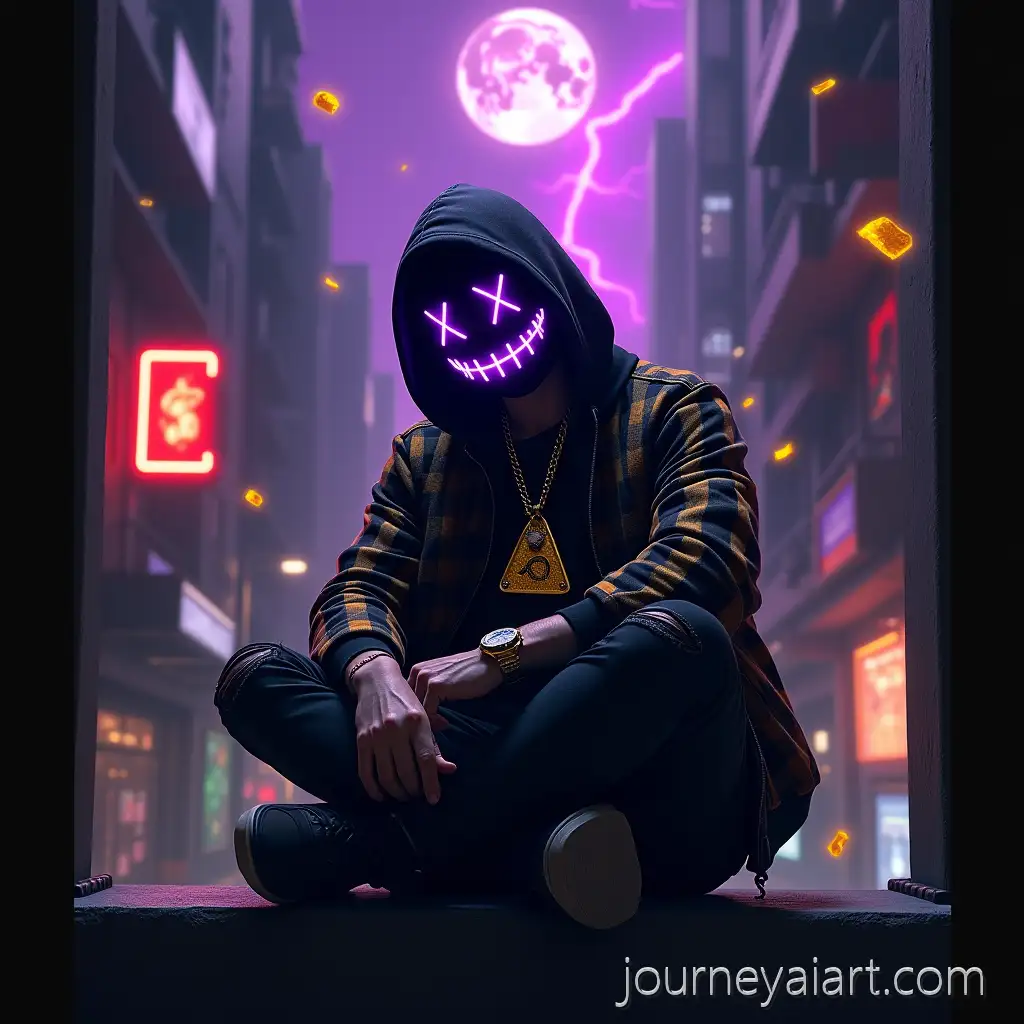 Cyberpunk-Masked-Man-in-Futuristic-Alley-with-Neon-Lights-and-CosmicAI-Image-Prompt-Expansion-Sky