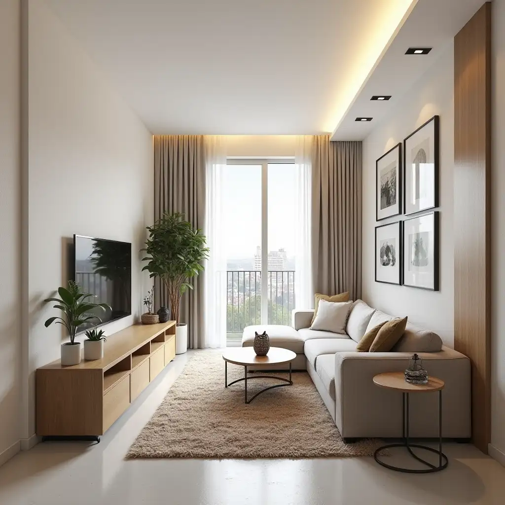 Design of a living room of about 20 m², where one side of the wall is 3.8 meters long and I do not want to decorate it. The other side has a glass exit in the center and leads to the balcony. I want the decoration to focus on the rest of the room, maximizing the space.
