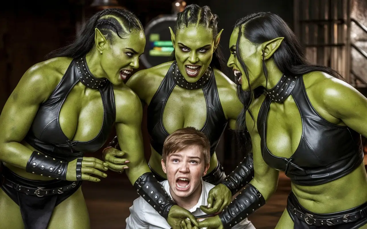 Three-Beautiful-Orc-Female-Manhunters-Attacking-Teen-Boy-in-Cinematic-Action-Scene