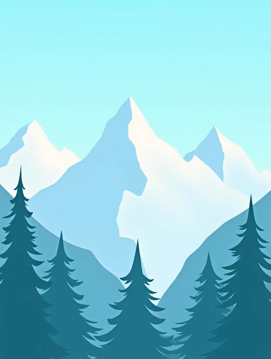 A flat design showcasing snow-capped mountains under a clear blue sky, with pine trees in the foreground.