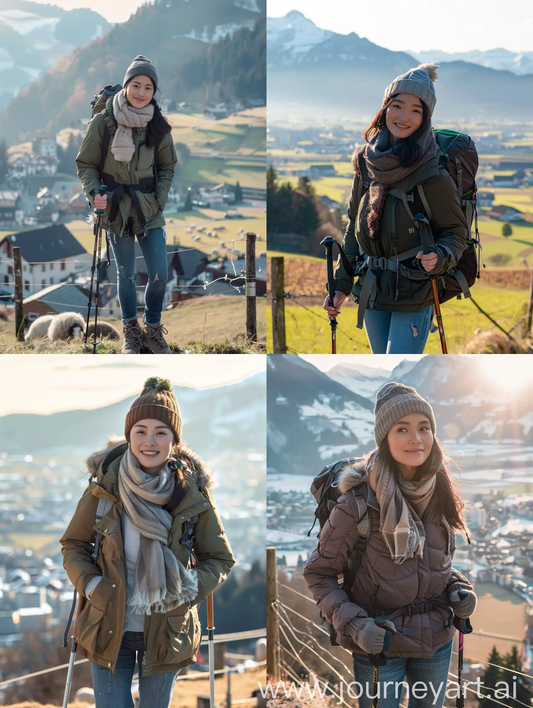 Korean-Woman-in-Trucker-Jacket-Exploring-Swiss-Countryside