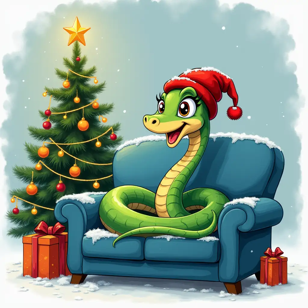 Cartoon pretty green snake with red hat, bright red lips and black curled eyelashes sits coiled in a ring on a blue sofa, near decorated with lights Christmas tree, champagne and mandarin orange Christmas tree, winter, light blue watercolor spot background does not go beyond the frame, high detail, digital illustration, digital art, hyperdetailed, airbrushed drawing, very bright colors