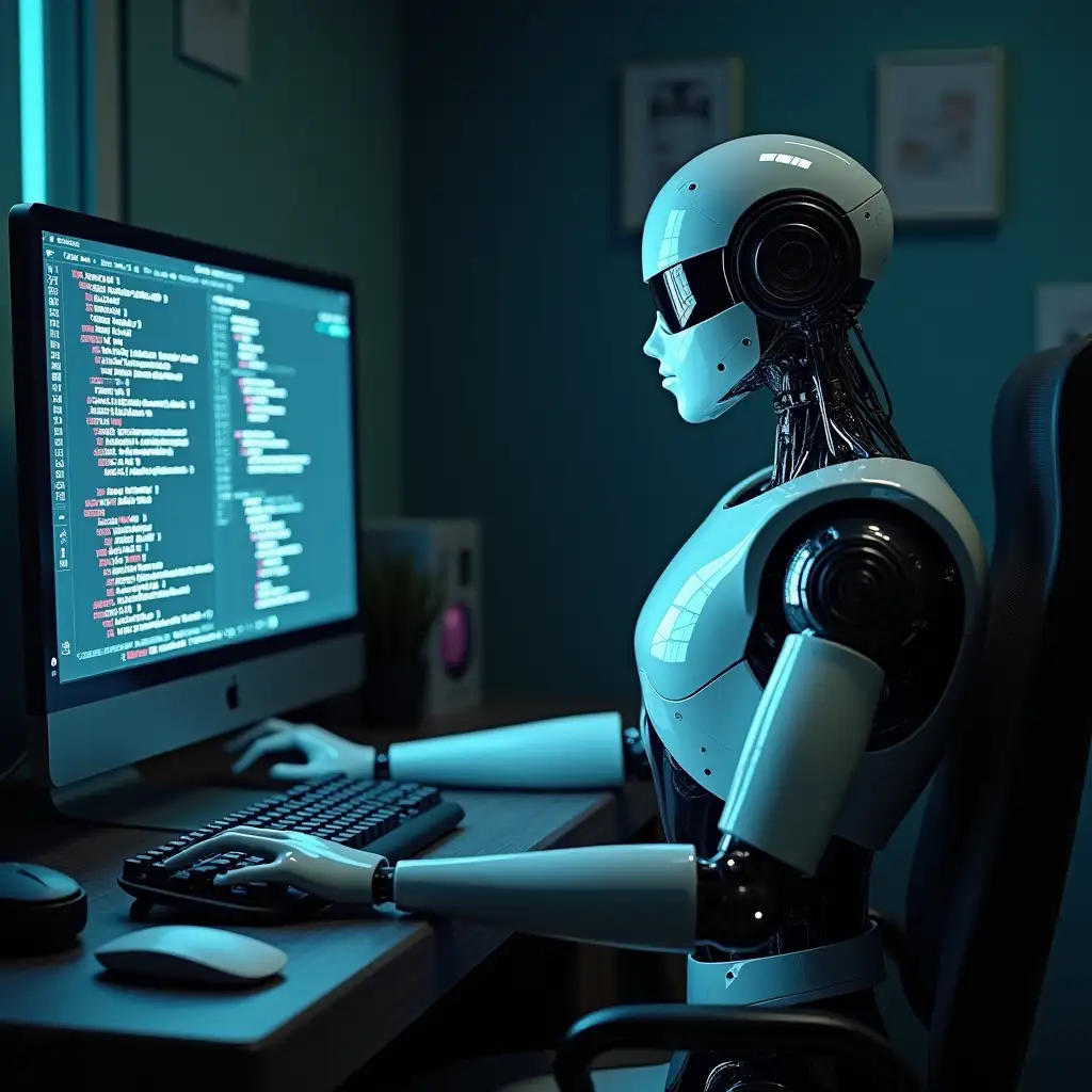 Humanoid-Robot-Staring-at-Computer-Screen-Puzzled-by-Familiar-Code