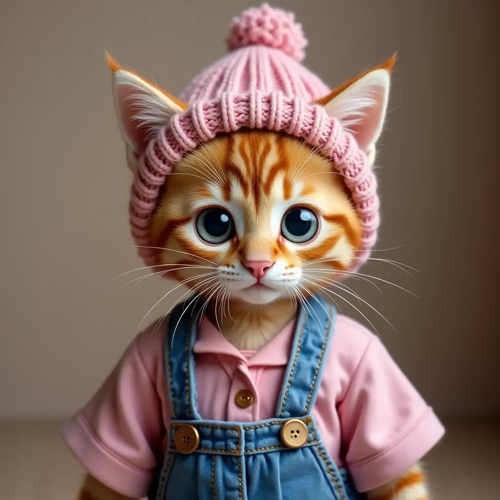 ginger sweet actual kitten in knitted hat dressing blue jeans and pink blouse