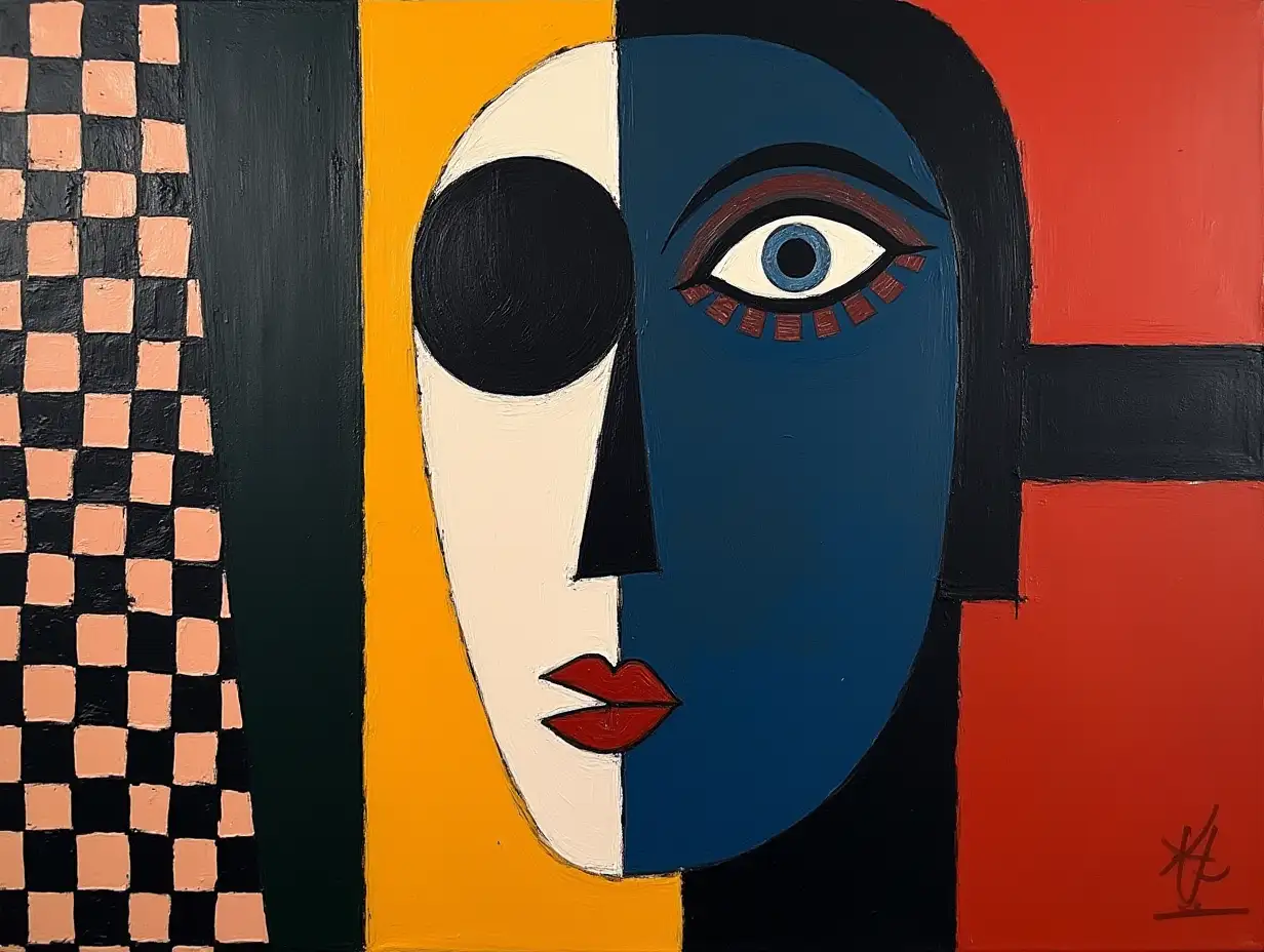 checkerboard pattern, strip, primitively schematic, minimalism, avant-garde, face, portrait, huge looming eye, darkness in the style of Kandinsky, Malevich, minimalism, simplify for a beginner artist with acrylics many colors, constructivism abstractionism, gloomily