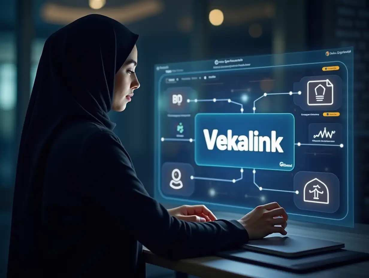 A hyperrealistic photograph of an Iranian lawyer (male with dark hair or female wearing a hijab, according to your preference) working with a digital platform featuring a modern and user-friendly interface. The brand name 'Vekalink' is prominently displayed on the screen. The lawyer is providing legal services to clients (online consultation, document review, etc.), and the Vekalink platform helps him or her to perform tasks more quickly and efficiently. The color palette includes deep indigo/purple-blue, white, and light gold, conveying professionalism, efficiency, and technological innovation. The entire image should have a photorealistic quality, with a focus on detail and realism.