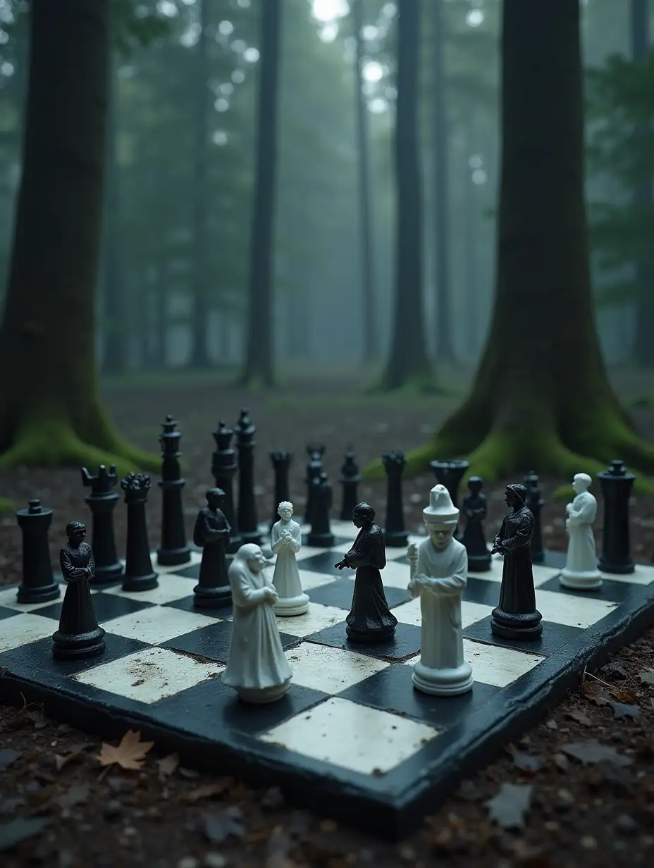 a large chess board lies on the ground, where white figures are carved in the form of live figures: king, queen, officer, and black figures are carved in the form of various terrifying evil: devil, goblin, harpy. backdrop- dark forest