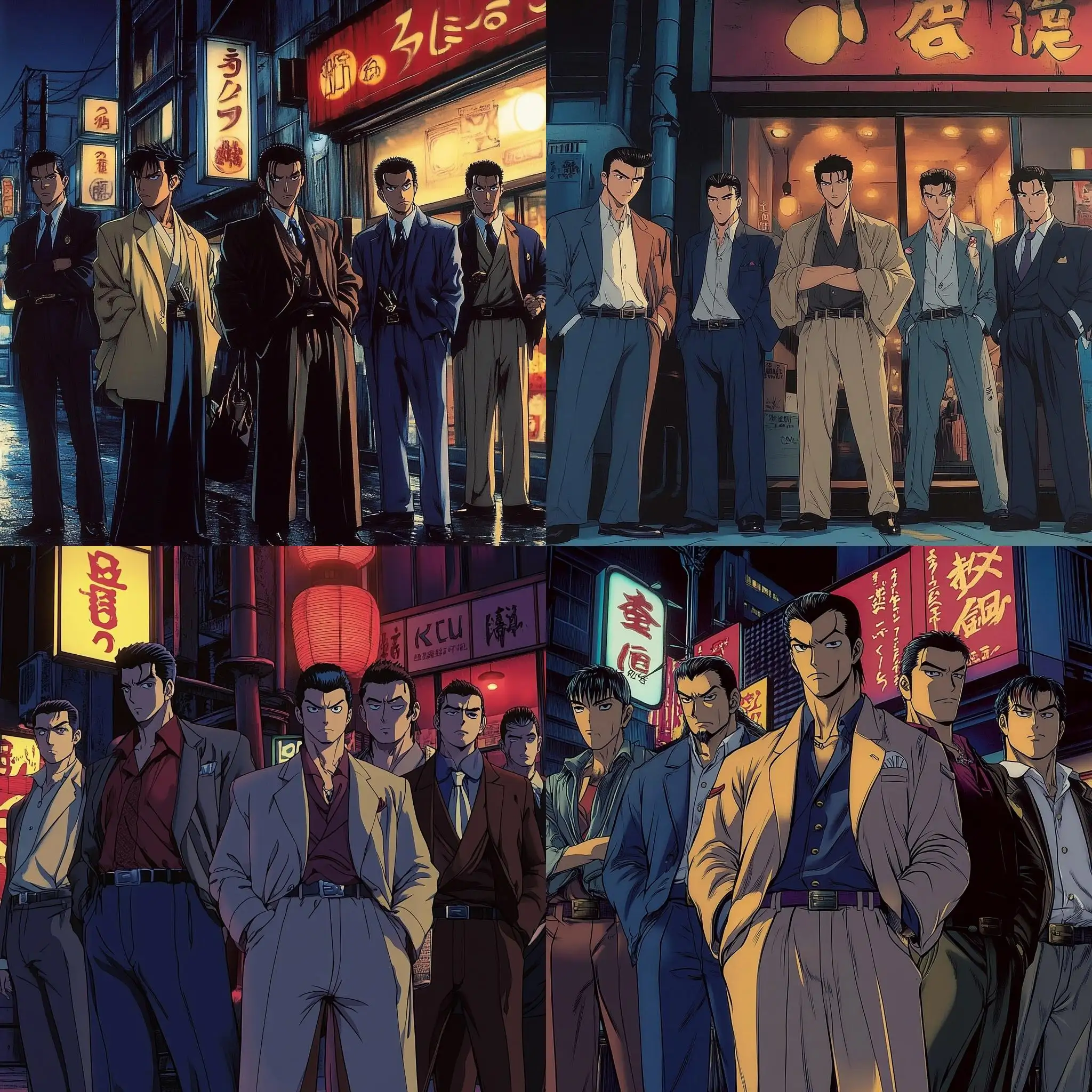 Japanese-Yakuza-Group-Standing-Outside-a-Night-Club-in-1990s-Anime-Style