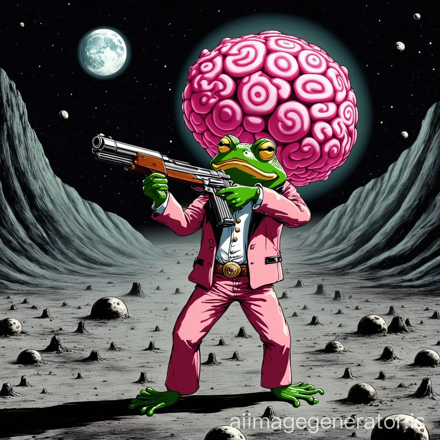 a frog man with a large apparent pink brain, he holds a gun in his hands he shoots with it at a target, he is dressed as a cowboy, the scene takes place on the moon, HD quality