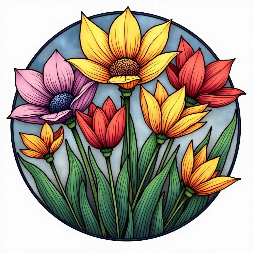 round drawing of colored flowers, made in oil, springlike, with uniform background, for a stained glass pattern book