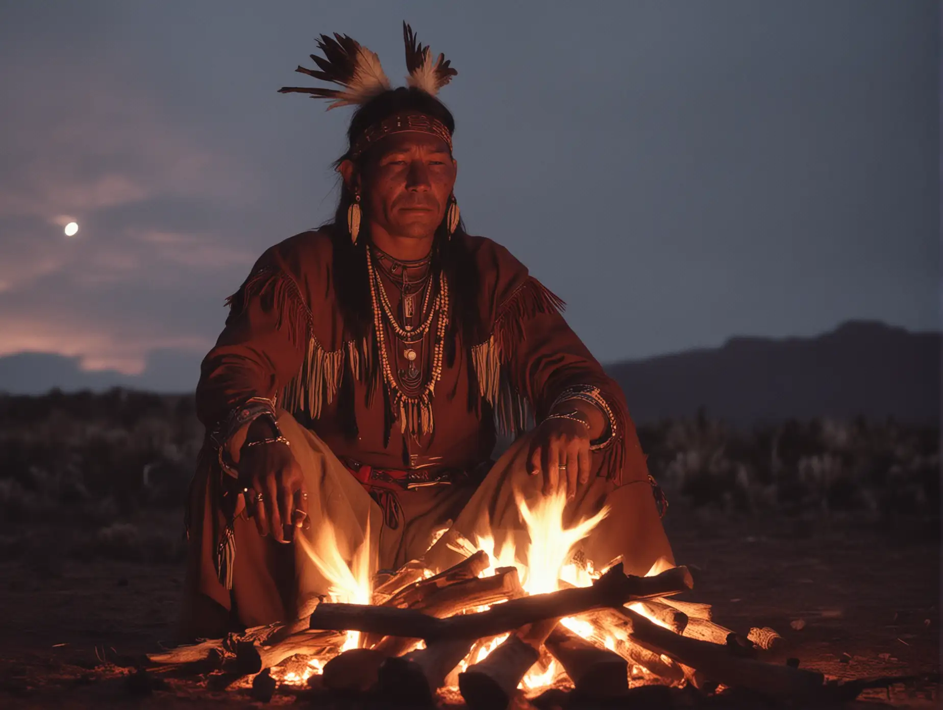 navajo shaman by a bonfire, cinematic aesthetic, diffused lighting, cinematic style, ethereal atmosphere, cellphone footage, 55mm lens, grainy noise