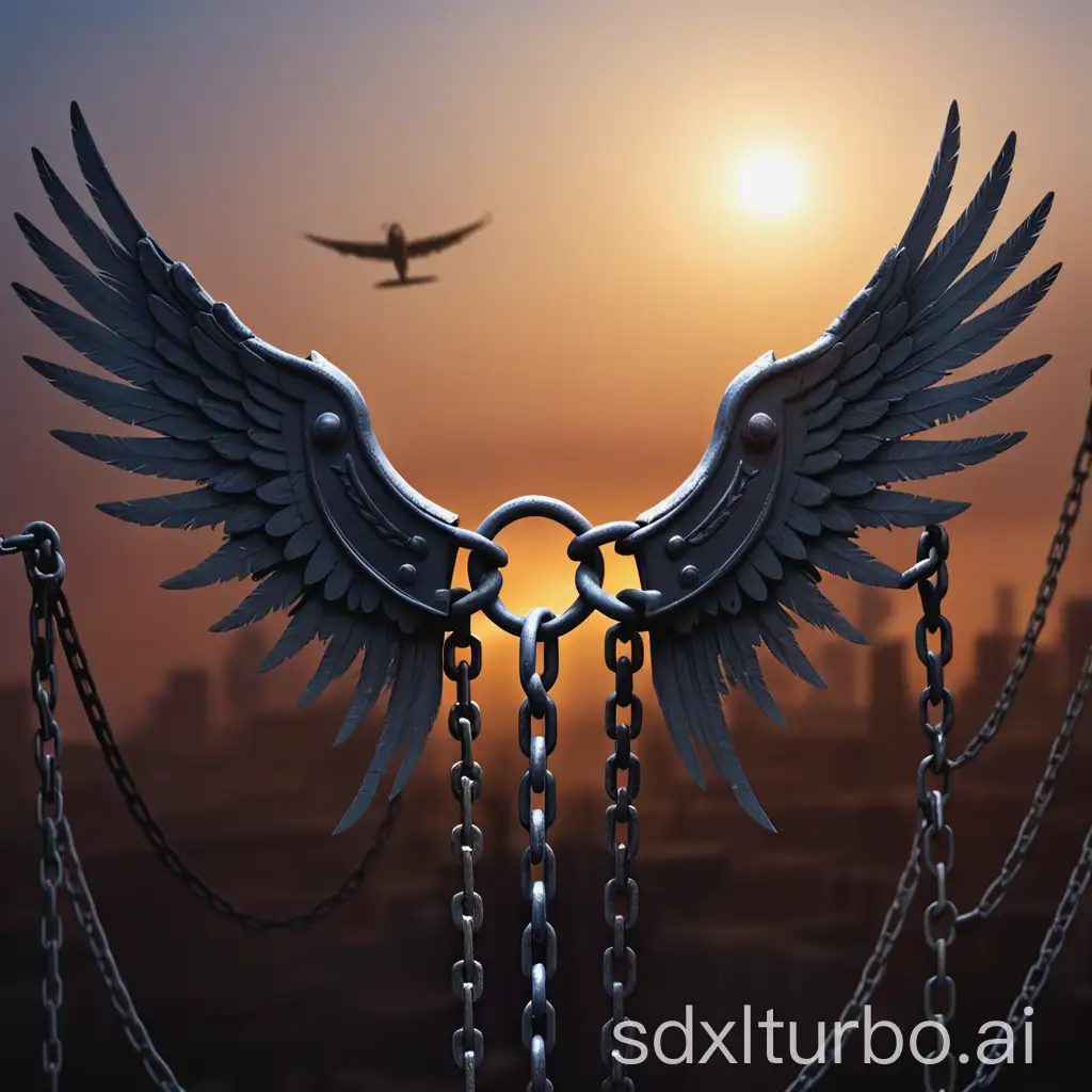 Background is at dawn, chains on the wings are breaking