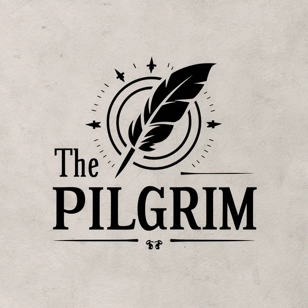 a vector logo design,with the text "The Pilgrim", main symbol:Quill of the writer with a halo around,complex,be used in Others industry,clear background