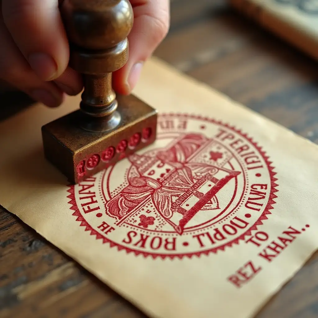 A stamp being stamped, with the inscription: Transfer of power to Reza Khan