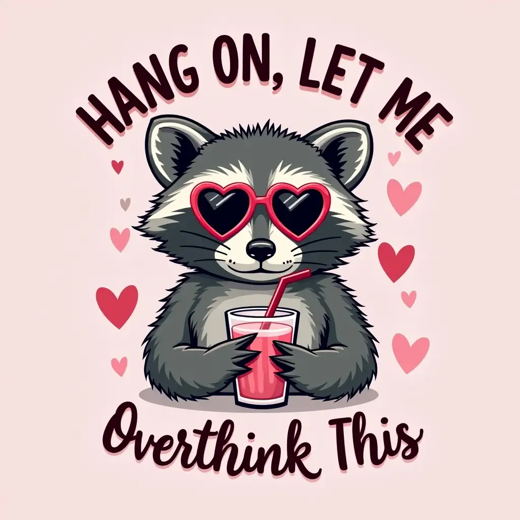 Create a design featuring a raccoon wearing heart-shaped sunglasses and holding a drink with a straw. Above the raccoon, the text says, 'HANG ON, LET ME,' and below it, 'Overthink This.' The design includes small heart motifs.