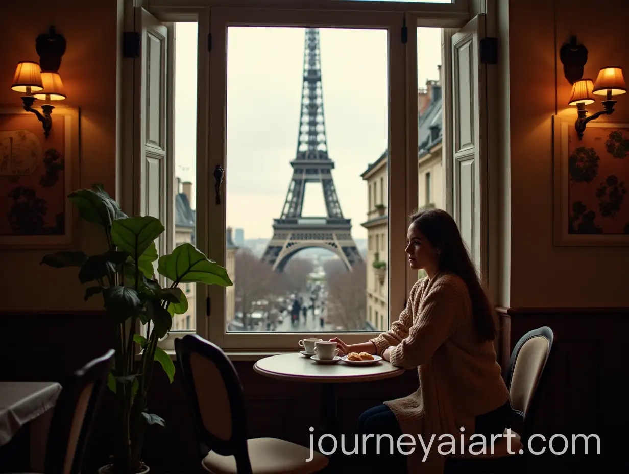 Woman-Enjoying-Pastry-and-Drink-in-Parisian-Caf-with-Eiffel-Tower-View