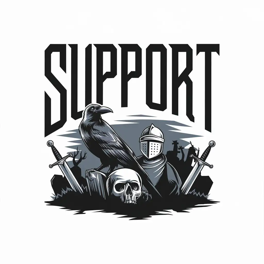 LOGO Design for SUPPORT Vintage Emo Metalrock Grunge Theme with Raven Skull Swords and Knight Elements