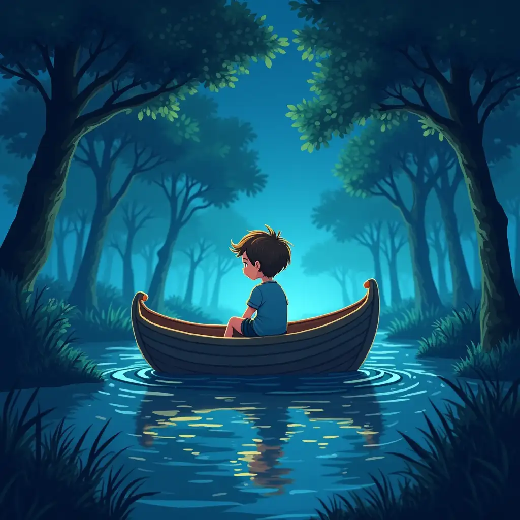 dreamy boy sitting inside a boat lost in the sea; a simple line art, and the style is reminiscent of children's book illustrations or a digital drawing. The colors are soft and glowing, creating a vibrant fantasy-like atmosphere, as if in a night forest.