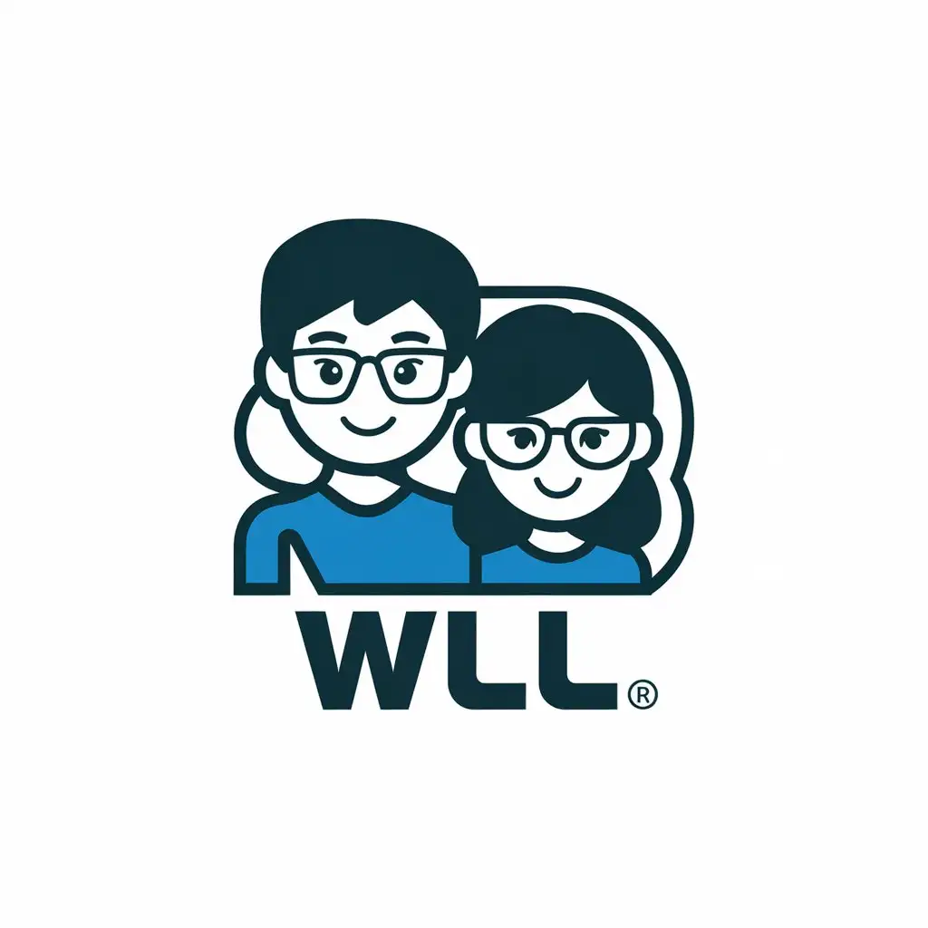 a vector logo design,with the text "WLL", main symbol:Wearing glasses Chinese handsome boy and wearing glasses Chinese beautiful girl,Moderate,be used in Technology industry,clear background