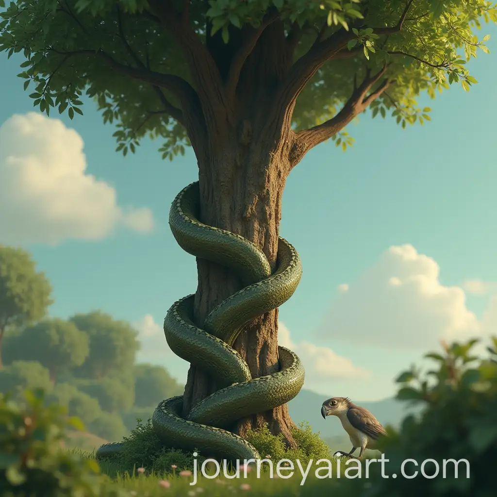 Snake-Climbing-a-Tree-to-Discover-a-Nest-with-a-Baby-Vulture