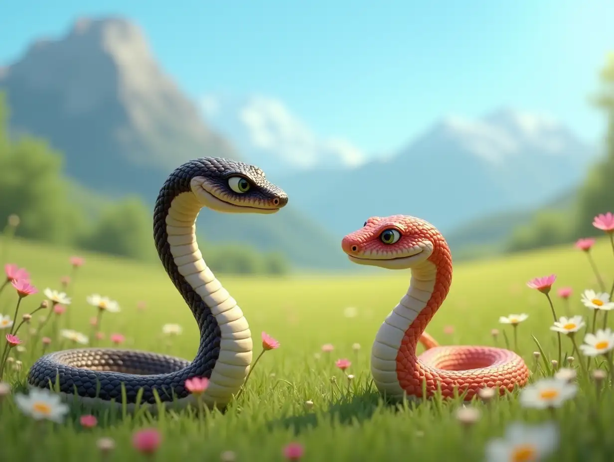 a picture of a Snake, and another Snake happily stare and face each other, small eyes, keep a long distance, in the grass with flowers, background mountain, sunny day in the summer, blue sky, HD, 4K, realistic photography, high quality, photographic style, detail, 2D