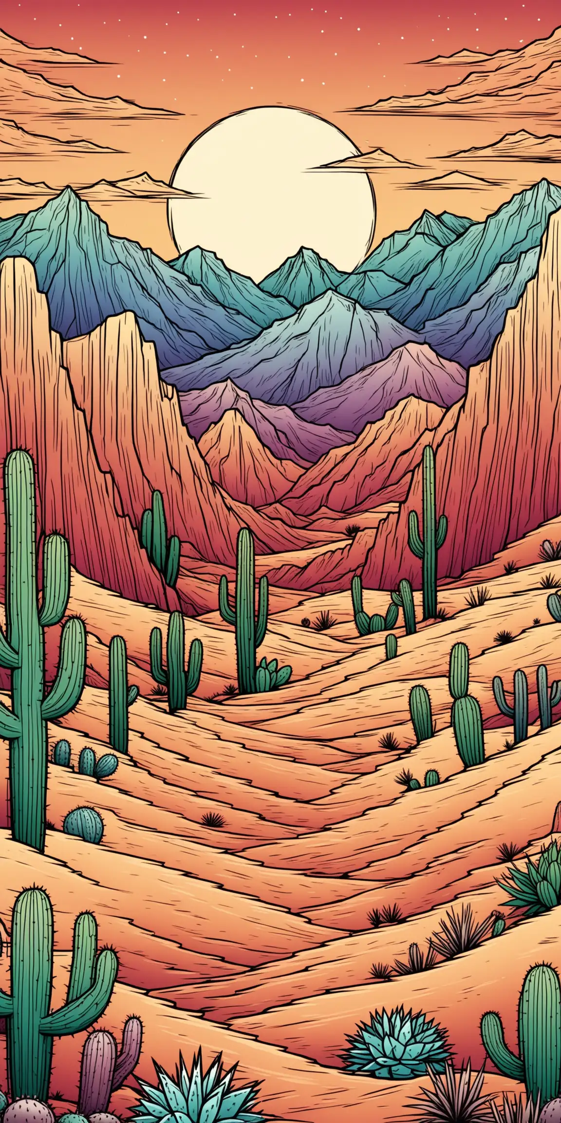 Desert Landscape with Mountains Cacti and Howling Coyotes