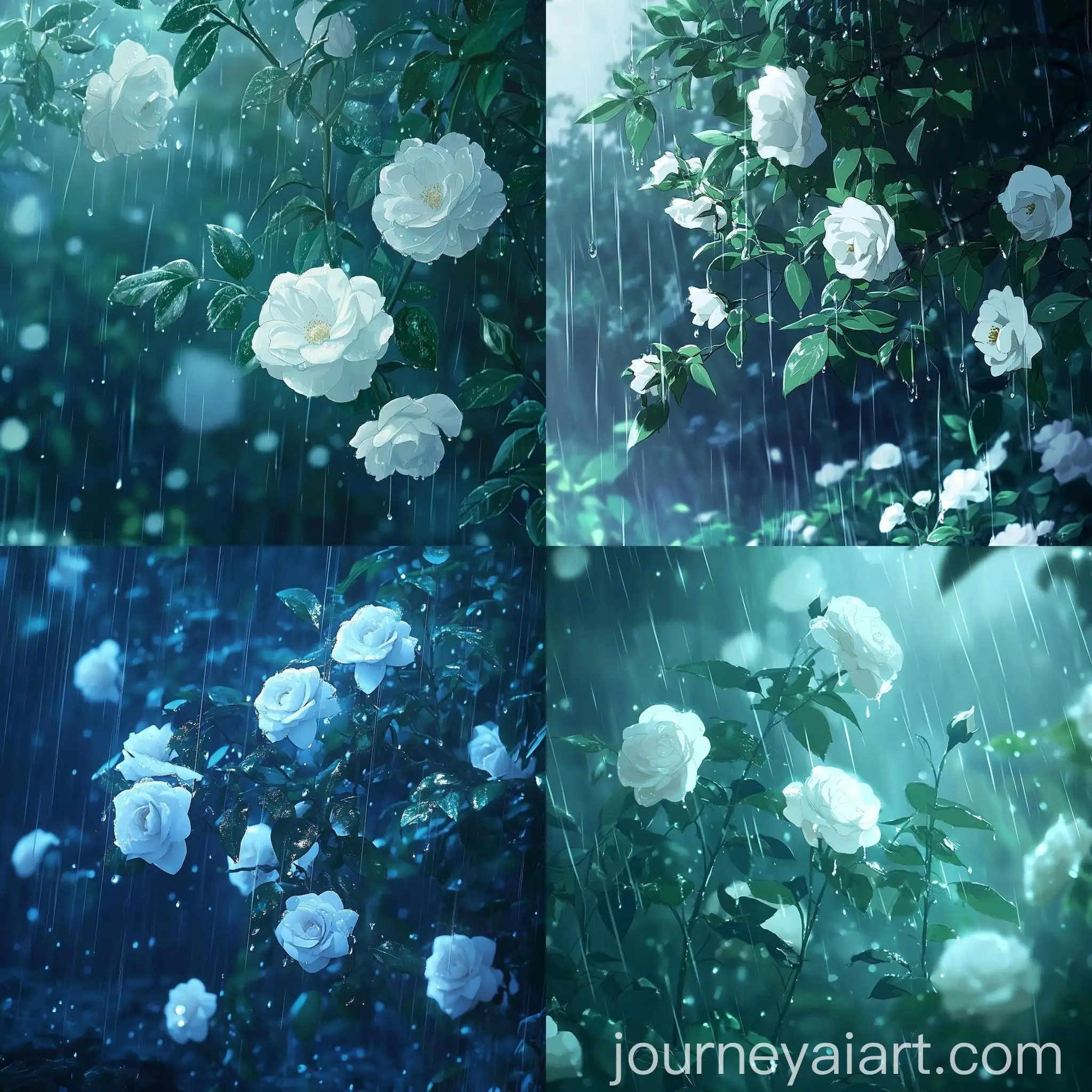 Tranquil-White-Rose-Plant-in-Rain-4K-Anime-Nature-Wallpaper