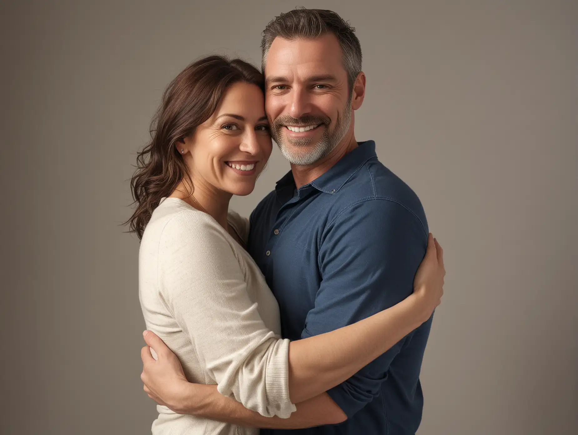 a trustworthy white man, age of 40, hugging his wife from the waist, smiling warmly, full body shot, facing viewer, 2k