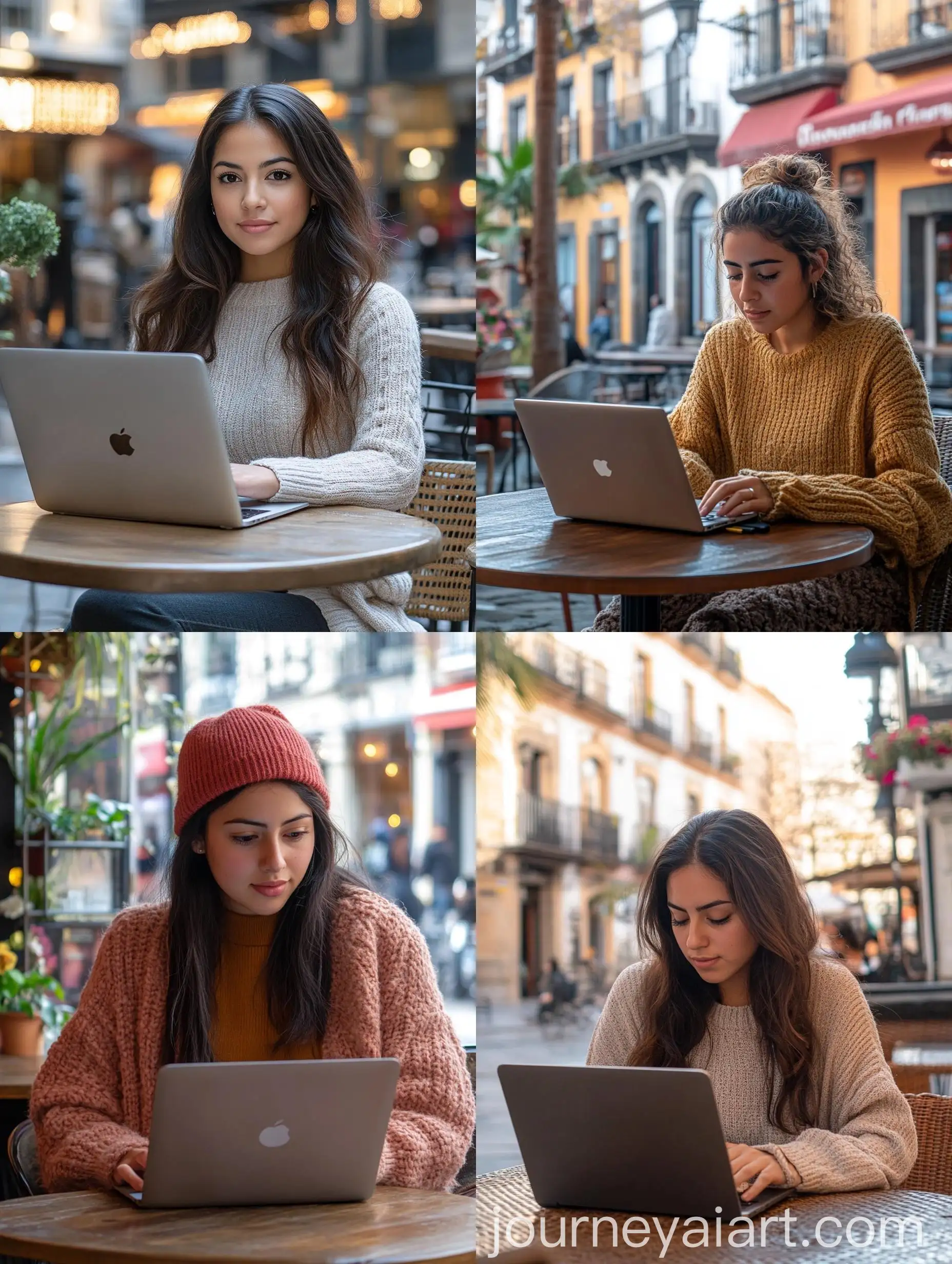 Young-Hispanic-Woman-Working-on-Laptop-in-Cozy-Cafe-Town-Square-Ambiance