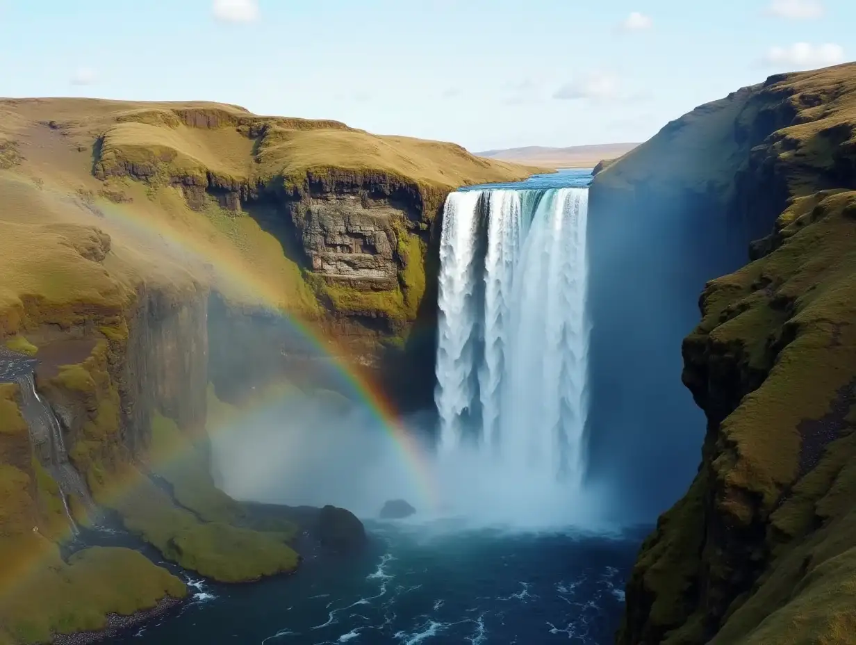 Drone shot of skgafoss waterfall forming beautiful rainbow, icelandic landscape with nordic nature. Spectacular scandinavian cascade flowing down off of cliffs, panoramic view. Slow motion.