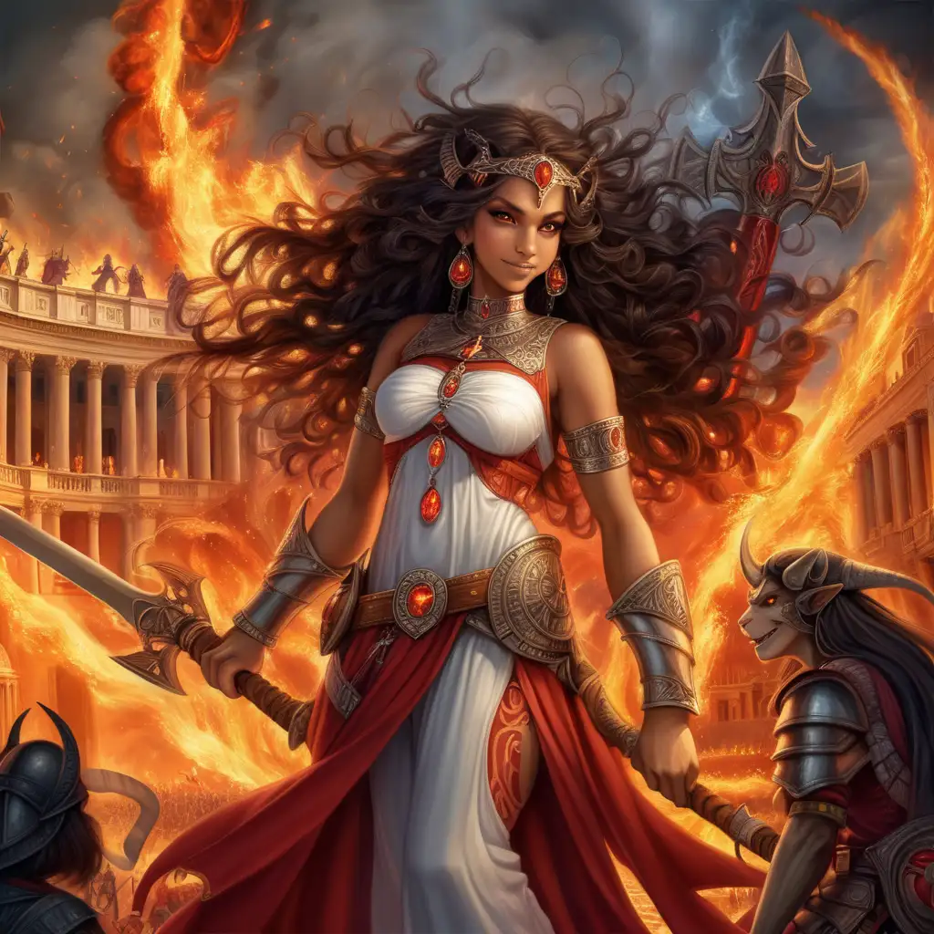 goddess empresses beautiful adolescent goddesses sorceresses magas alien vampires with curly long hair honey blues reds and whites surrounded by circles of fire and fire, with two giant large swords made of fire devilish and mysterious smile surrounded by giant red dragons made of fire and on a background a huge battle and a dark gothic hindu-arab palaces huge ruins and large crosses made of fire and the ruins of the vatican