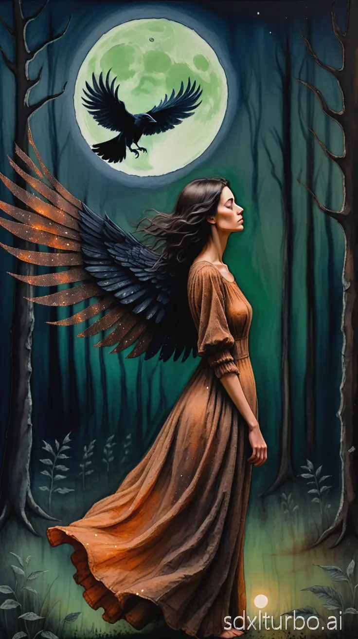 oil watercolor ink marker , surreal, structured visible linen brushstrokes ,fine worn impasto textures, A melancholic dark-haired woman, with a rusty apricot glitter dress with raven wings, standing side view in a green forest clearing, full moon glowing in the background, a raven in flight, dramatic pose, soft focus, oil on canvas, soft impasto style, dark blue and brown color palette, Rembrandt warm lighting, moody atmosphere, high detail, masterpiece, 8k.