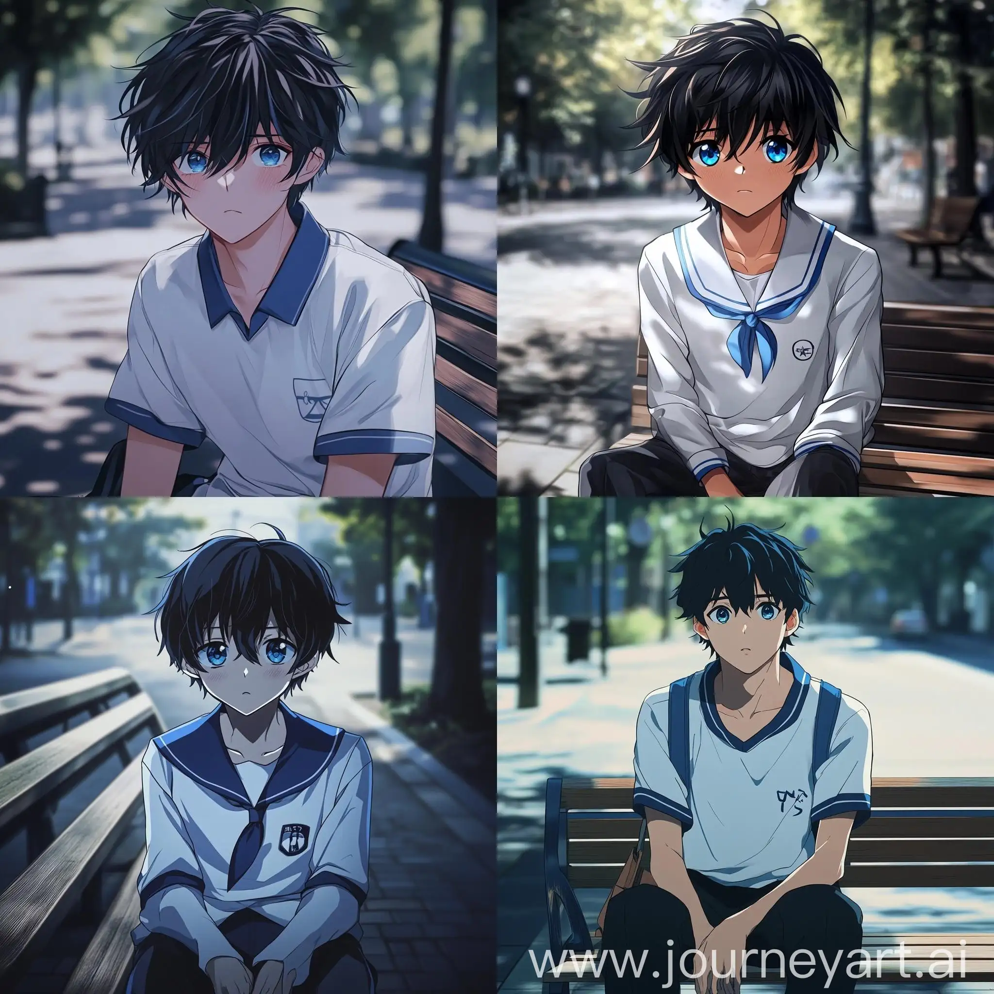 Lost-Teenage-Boy-in-Anime-Style-High-School-Uniform-on-Park-Bench