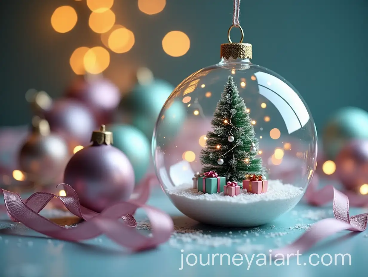 Miniature-Christmas-Tree-Ornament-Surrounded-by-Decorative-Ribbons